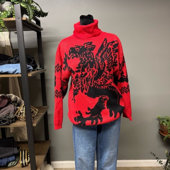 Vintage griffin red black knit Sweater Eas turtleneck 1980s unisex fantasy - Picture 2 of 6